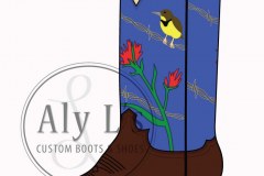 "A Little Bit of Wyoming" Cowboy Boots with Indian paintbrush wildflower, barbed wire, and Meadowlark leather inlays
