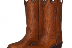 Tan cowboy boots with simple feather stitch pattern and pull holes.