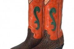 Cowboy boots with crackled buffalo vamps, rust orange tops and leaf green inlays