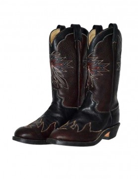 "Feather" Black and brown cowboy boot with detailed toe fox and original Native American feather stitch pattern