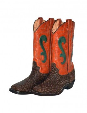 "Rust" Cowboy boots with crackled buffalo vamps, rust orange tops and leaf green inlays