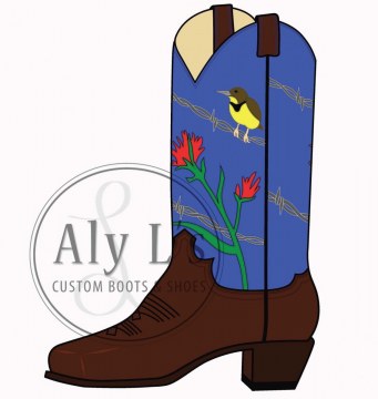"A Little Bit of Wyoming" Cowboy Boots with Indian paintbrush wildflower, barbed wire, and Meadowlark leather inlays