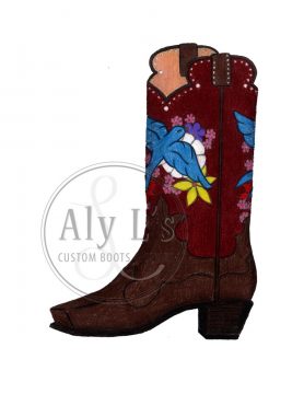 "Blue SwallowTail" Cowboy Boot with Yellow and Pink Flower Inlay with Blue Bird