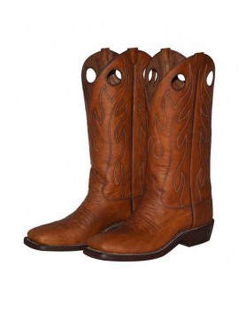 "JD CROSS" Tan cowboy boots with simple feather stitch pattern and pull holes.