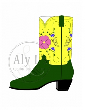 "McKenna Mitchell" Cowboy Boots With Green Leather Lowers and Yellow Uppers and Pink Flower Inlay