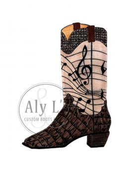 "Music Notes" Cowboy Boot Sketch with Alligator Exotic Leather Bottoms and Stitched Music Notes