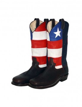 "USA" Cowboy boot with red and white stripes and an inlaid star on a blue background